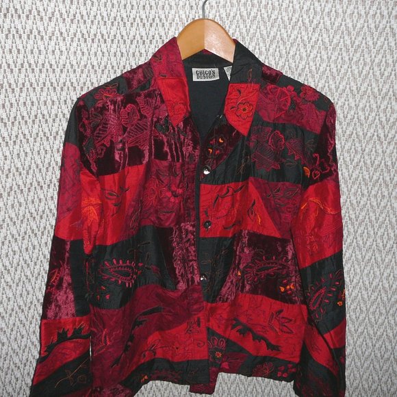 Chico's 1 Silk Embroidered Red Black Jacket M - Picture 6 of 9